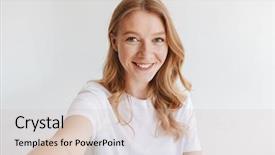  Presentation with happy image - PPT theme featuring white wall background make selfi background and a soft green colored foreground