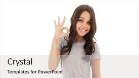  Presentation with pretty girl - Audience pleasing theme consisting of white wall background showing okay backdrop and a light gray colored foreground