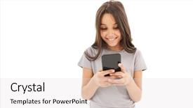  Presentation with naughty girl is standing - Cool new PPT theme with white wall background using mobile backdrop and a  colored foreground