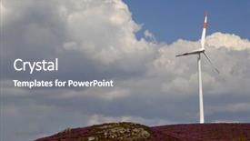  Presentation with turbine - Presentation theme enhanced with white wind turbine in the top of the mountain background and a gray colored foreground