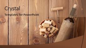  Presentation with corkscrew - Cool new slides with white wine bottle corks and corkscrew over wooden table background top view with copy space backdrop and a coral colored foreground