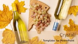  Presentation with leaves flat lay - Theme consisting of white-wine-bottles-grapes background and a yellow colored foreground