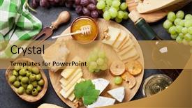  Presentation with table grape - Presentation design consisting of white wine grape bread cheese background and a yellow colored foreground