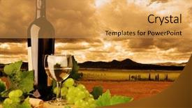  Presentation with wine - Beautiful presentation theme featuring white wine on background of sunset landscape backdrop and a yellow colored foreground