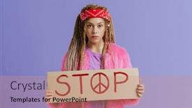  Presentation with war - PPT theme having white-young-woman-with-dreadlocks background and a coral colored foreground