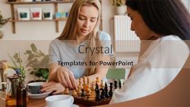  Presentation with cafe - PPT theme enhanced with white-young-women-playing-chess background and a coral colored foreground