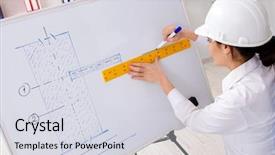  Presentation with female office graphics - Presentation theme having whiteboard house - female architect working background and a sky blue colored foreground