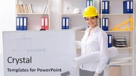  Presentation with female office graphics - Audience pleasing slide set consisting of whiteboard house - female architect working backdrop and a  colored foreground