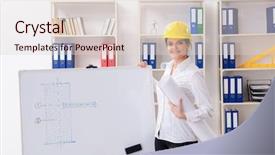  Presentation with female office graphics - Theme with whiteboard house - female architect working background and a  colored foreground