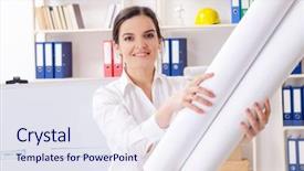  Presentation with female office graphics - Beautiful presentation design featuring whiteboard house - female architect working backdrop and a  colored foreground