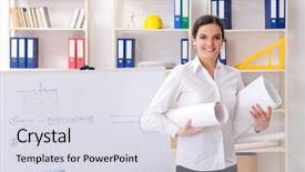  Presentation with architect - Presentation theme with whiteboard house - female architect working background and a  colored foreground