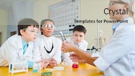 Presentation with substance - Colorful theme enhanced with whitecoats looking at chemical substance backdrop and a light gray colored foreground