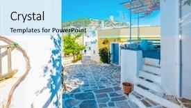  Presentation with greek - Audience pleasing presentation design consisting of whitehouse - quiet traditional greek street backdrop and a cyan colored foreground