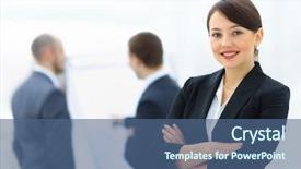  Presentation with staff - Cool new PPT layouts with whitte man leader - business woman with her staff backdrop and a  colored foreground