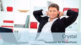  Presentation with laptop - PPT layouts featuring whitte man leader - handsome businessman is working background and a  colored foreground