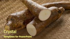  Presentation with cassava - Cool new slide deck with whole and half cassava roots on a wicker background backdrop and a tawny brown colored foreground
