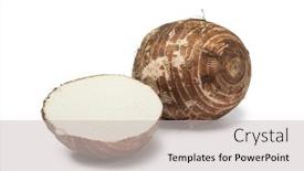  Presentation with chinese chinese - Colorful presentation theme enhanced with whole and half fresh chinese taro roots isolated on white background backdrop and a light gray colored foreground