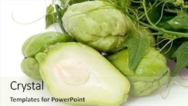  Presentation with vegetables - Amazing PPT theme having whole and sliced fresh chayote vegetables isolated on with with plant in background backdrop and a soft green colored foreground