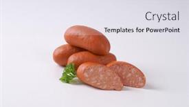  Presentation with sausages - Slides consisting of whole and sliced short sausages on white background background and a sky blue colored foreground