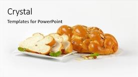  Presentation with almonds - Colorful slide deck enhanced with whole and sliced sweet braided bread with almonds and raisins backdrop and a white colored foreground