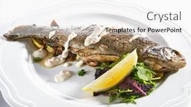  Presentation with trout - Slide set enhanced with whole baked rainbow trout on a vegetable pillow with creamy caviar sauce on restaurant plate isolated macro shot of fried trout fish decorated with fresh greens lemon and fragrant spices closeup background and a white colored foreground