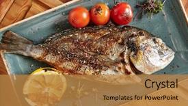  Presentation with restaurant menu - Audience pleasing theme consisting of whole bbq sea bream fish backdrop and a gold colored foreground