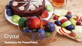  Presentation with table grape - Amazing presentation theme having whole big chocolate cream brownie cake topped with white chocolate and cream flowers with hot tea cup decorated with fruits apple plum and grape on plate on wooden table backdrop and a red colored foreground