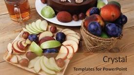  Presentation with table grape - PPT layouts enhanced with whole big chocolate cream brownie cake topped with white chocolate and cream flowers with hot tea cup decorated with fruits apple plum and grape on plate on wooden table background and a coral colored foreground