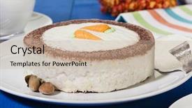  Presentation with cocoa - Slides having whole carrot cake with white chocolate glazing and cocoa powder on blue table background and a soft green colored foreground