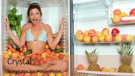  Presentation with fridge - Audience pleasing slide set consisting of whole foods - woman sitting in a fridge backdrop and a coral colored foreground
