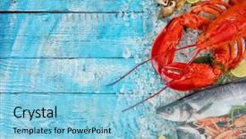  Presentation with salmon fish - PPT theme having whole lobster with seafood crab background and a light blue colored foreground