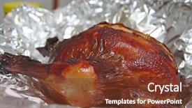  Presentation with rice - PPT theme featuring whole roast chicken wth rice stuffing in aluminum foil background and a tawny brown colored foreground