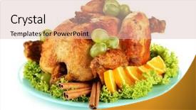  Presentation with roasted chicken - Presentation theme with whole roasted chicken with lettuce grapes oranges and spices on blue plate isolated on white background and a lemonade colored foreground