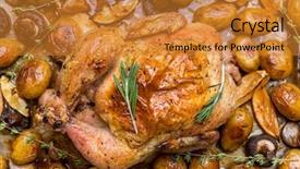  Presentation with wedges - Beautiful PPT theme featuring whole roasted chicken with new potatoes mushrooms lemon wedges and garlic cloves backdrop and a gold colored foreground