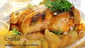  Presentation with roasted chicken - Presentation consisting of whole roasted chicken with potatoes background and a gold colored foreground