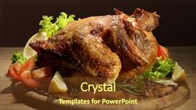  Presentation with roasted chicken - Theme having whole roasted chicken with vegetables on wooden table on brown background background and a tawny brown colored foreground