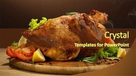  Presentation with roasted chicken - Audience pleasing theme consisting of whole roasted chicken with vegetables on wooden table on brown background backdrop and a tawny brown colored foreground