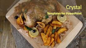  Presentation with roasted chicken - Slides enhanced with whole roasted chicken with vegetables and fried potatoes on wooden board on wooden background background and a tawny brown colored foreground