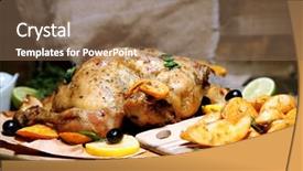  Presentation with roasted chicken - Cool new PPT theme with whole roasted chicken with vegetables and fried potatoes on wooden board on wooden background backdrop and a violet colored foreground