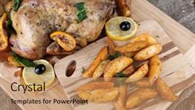  Presentation with roasted chicken - Audience pleasing slide set consisting of whole roasted chicken with vegetables and fried potatoes on wooden board on wooden background backdrop and a coral colored foreground