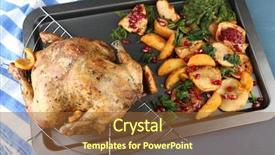  Presentation with roasted chicken - Presentation design having whole roasted chicken with vegetables and fried potatoes on pan on color wooden background background and a tawny brown colored foreground