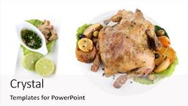  Presentation with roasted chicken - Theme consisting of whole roasted chicken with vegetables on plate isolated on white background and a white colored foreground