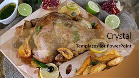  Presentation with roasted chicken - Beautiful theme featuring whole roasted chicken with vegetables and fried potatoes on wooden board on wooden background backdrop and a coral colored foreground