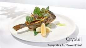  Presentation with white healthy food - Theme with whole-roasted-fish-with-spinach background and a sky blue colored foreground
