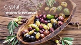  Presentation with bowl - PPT layouts featuring whole table olives in the wooden bowl on the table background and a coral colored foreground