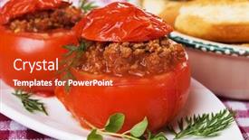  Presentation with ground beef - PPT theme having whole tomato stuffed with ground beef chili background and a crimson colored foreground