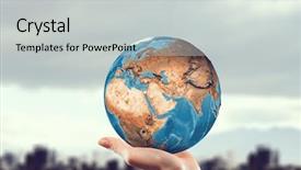  Presentation with power media - PPT theme enhanced with whole world in hand mixed background and a light gray colored foreground