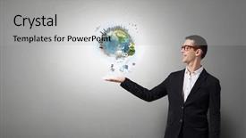  Presentation with world at your hand - Theme featuring whole world in his hand background and a light gray colored foreground