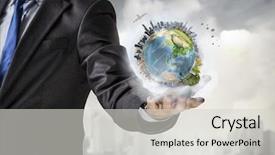  Presentation with world - Cool new slide set with whole world in his hand backdrop and a light gray colored foreground