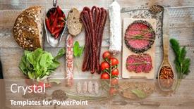  Presentation with bread - Beautiful PPT theme featuring wholemeal bread with dried salami and vegetables on a wooden rustic table backdrop and a coral colored foreground